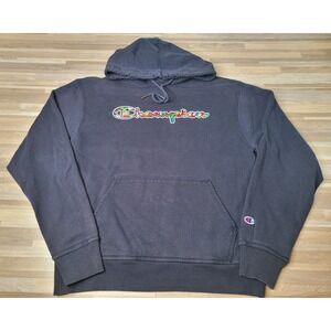Champion Hoodie Pullover‎ Flags Graphic Logo Mens Size M Sweatshirt Navy Blue